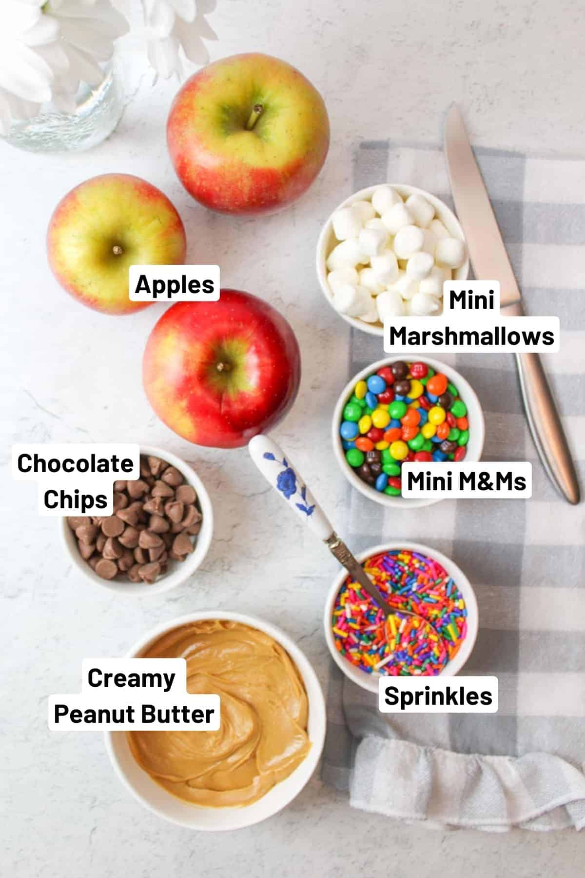 ingredients needed for apple nachos next to a sharp knife and kitchen towel