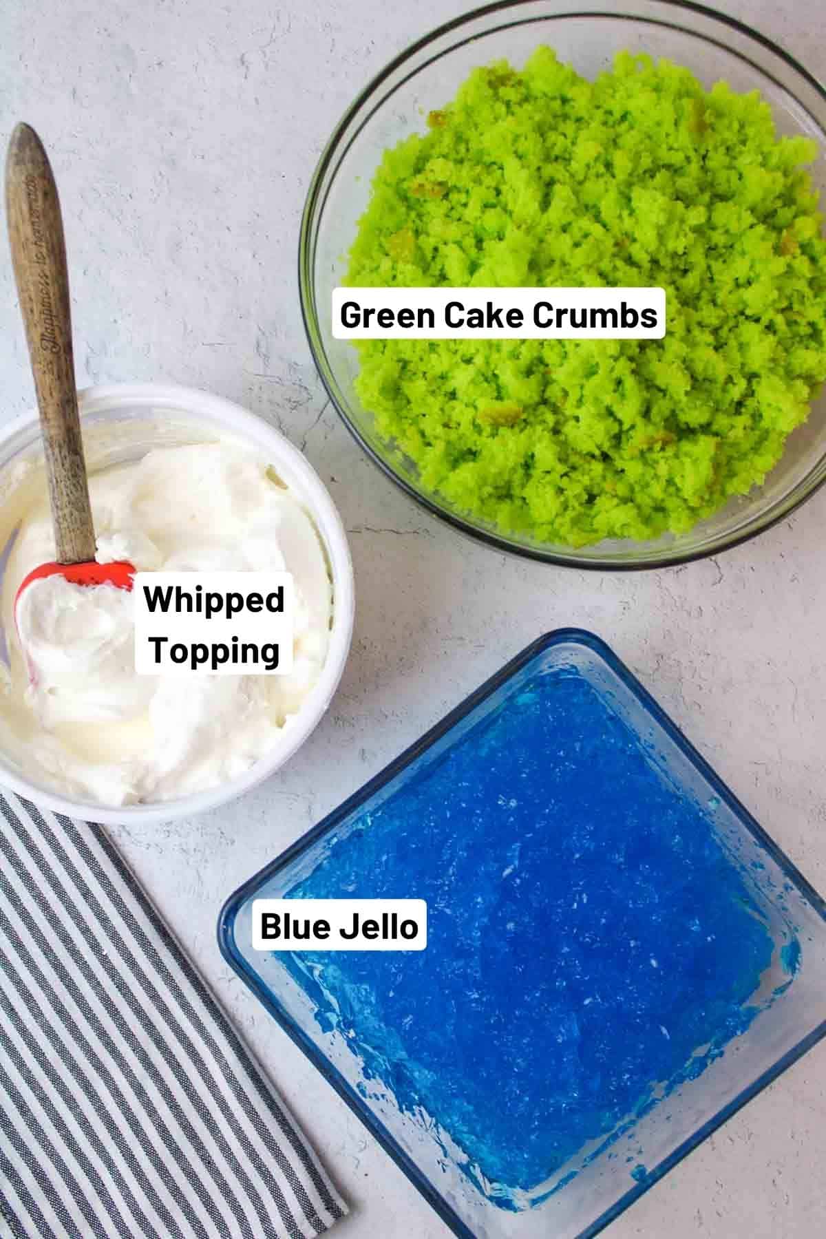 ingredients needed to make earth day parfait, cake, jello, whipped topping