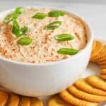 trout dip in a bowl with crackers around it.