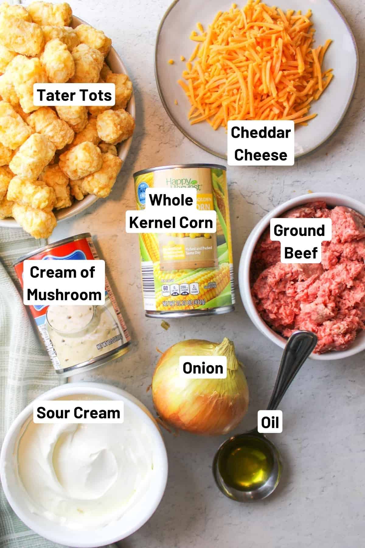 the ingredients needed to make tater tot casserole hotdish.