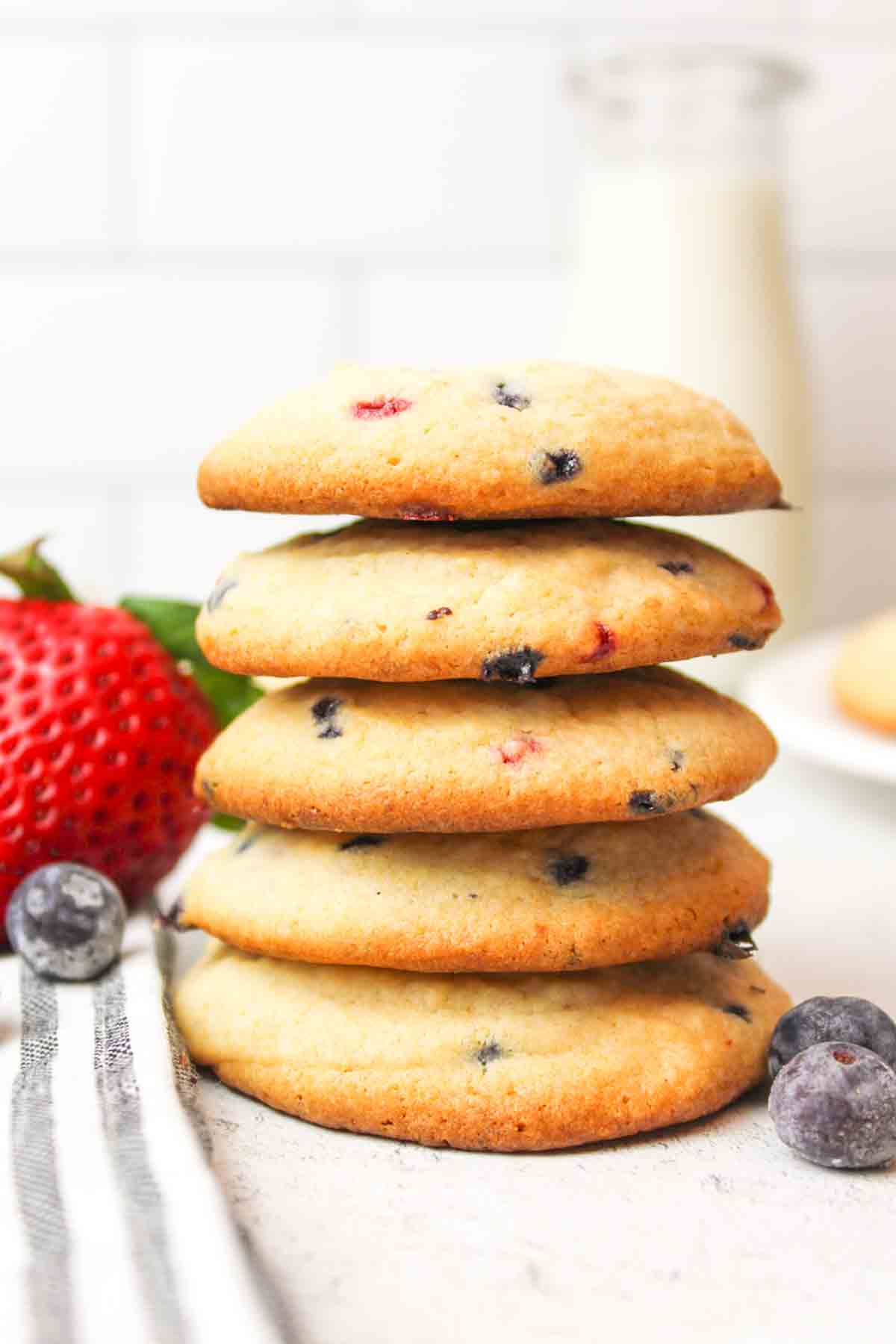 side view of stack of triple berry muffin mix cookies