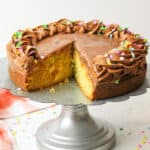 a yellow cake with chocoalte frosting and sprinkles missing a slice and resting on a metal cakestand