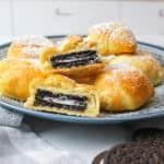 air fried oreos with powdered sugar on top.