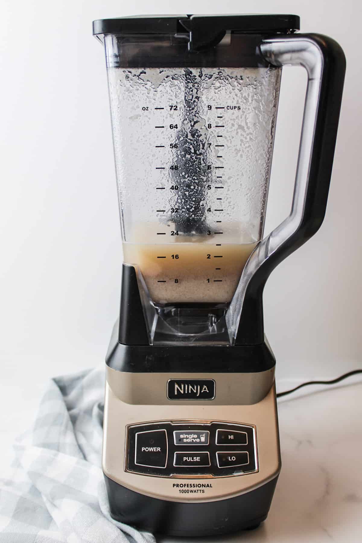 blended ingredients for horchata in a blender.