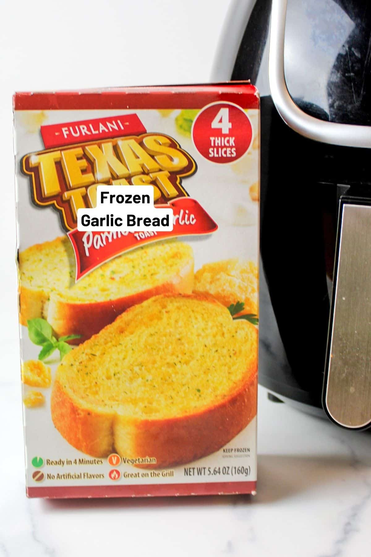 texas toast frozen garlic bread next to an air fryer.