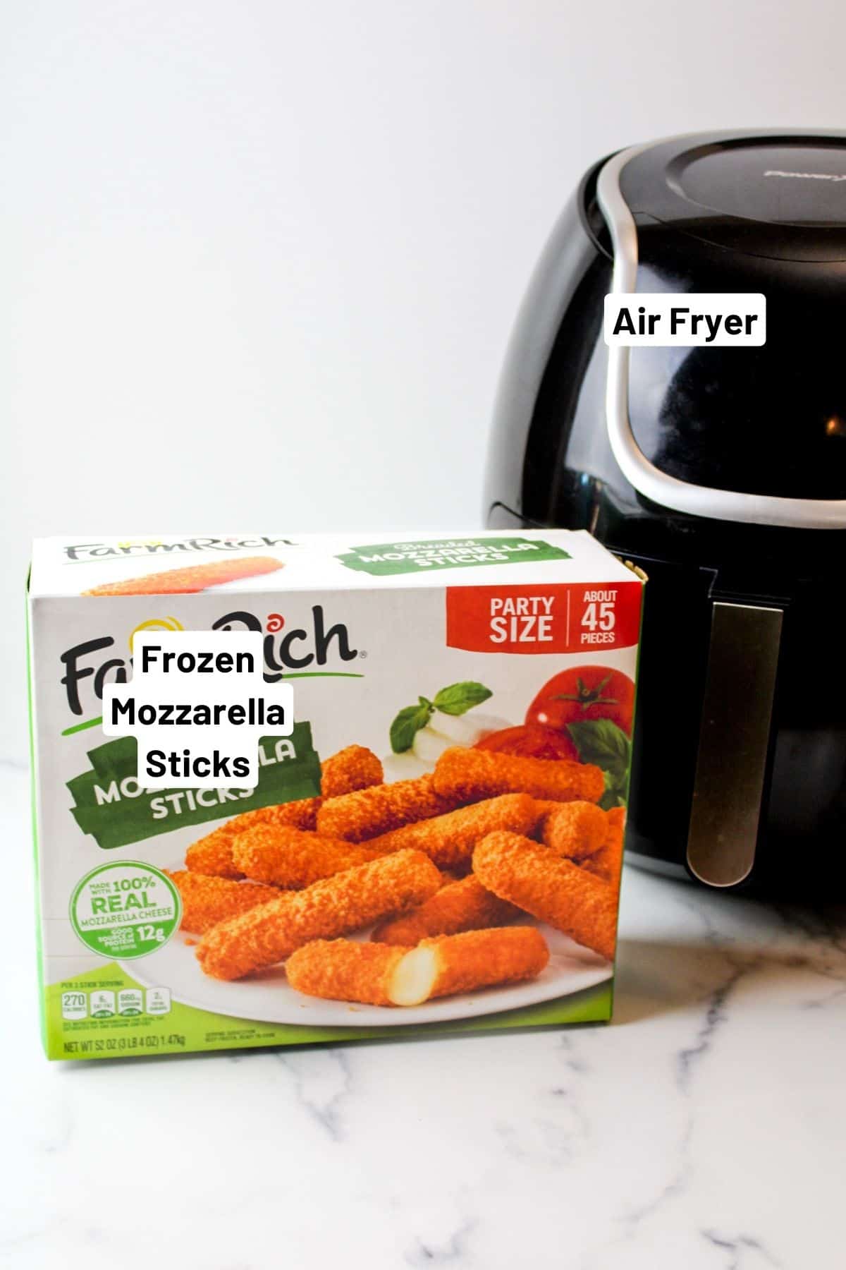 box of mozzarella sticks next to an air fryer.