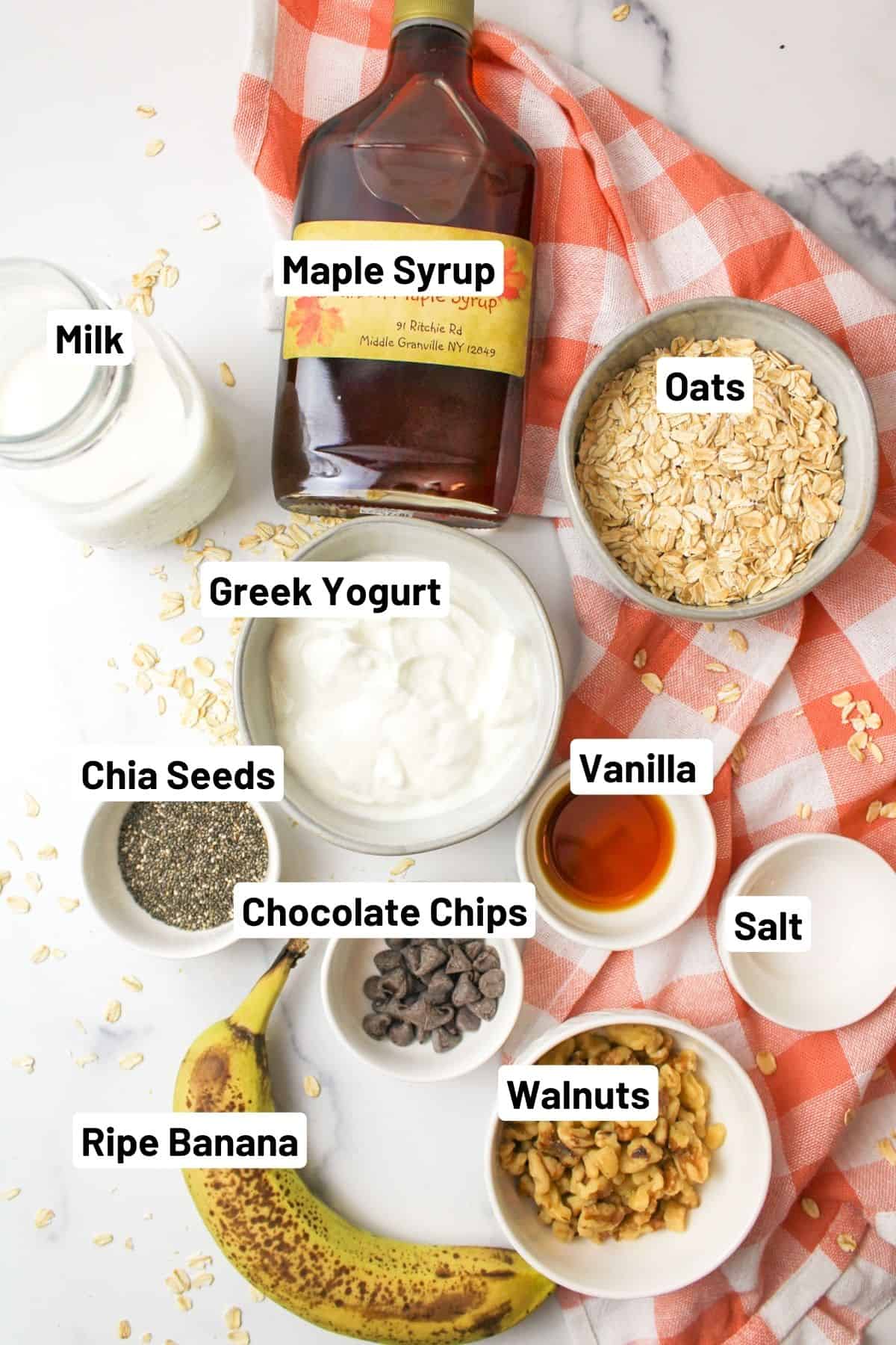 ingredients needed for chunky monkey flavored overnight oats.