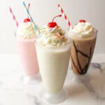 three differently flavored milkshakes made without ice cream.