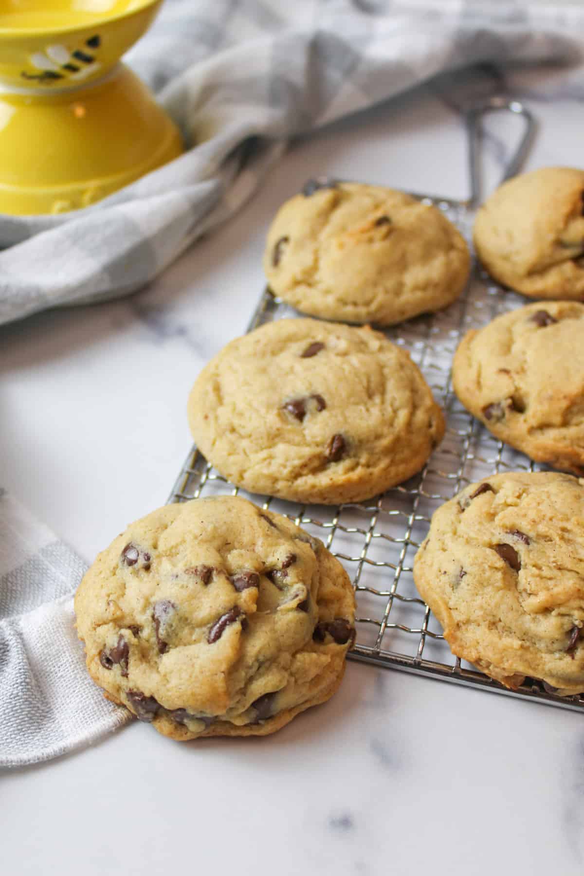 honey chocolate chip cookies on a wire rack