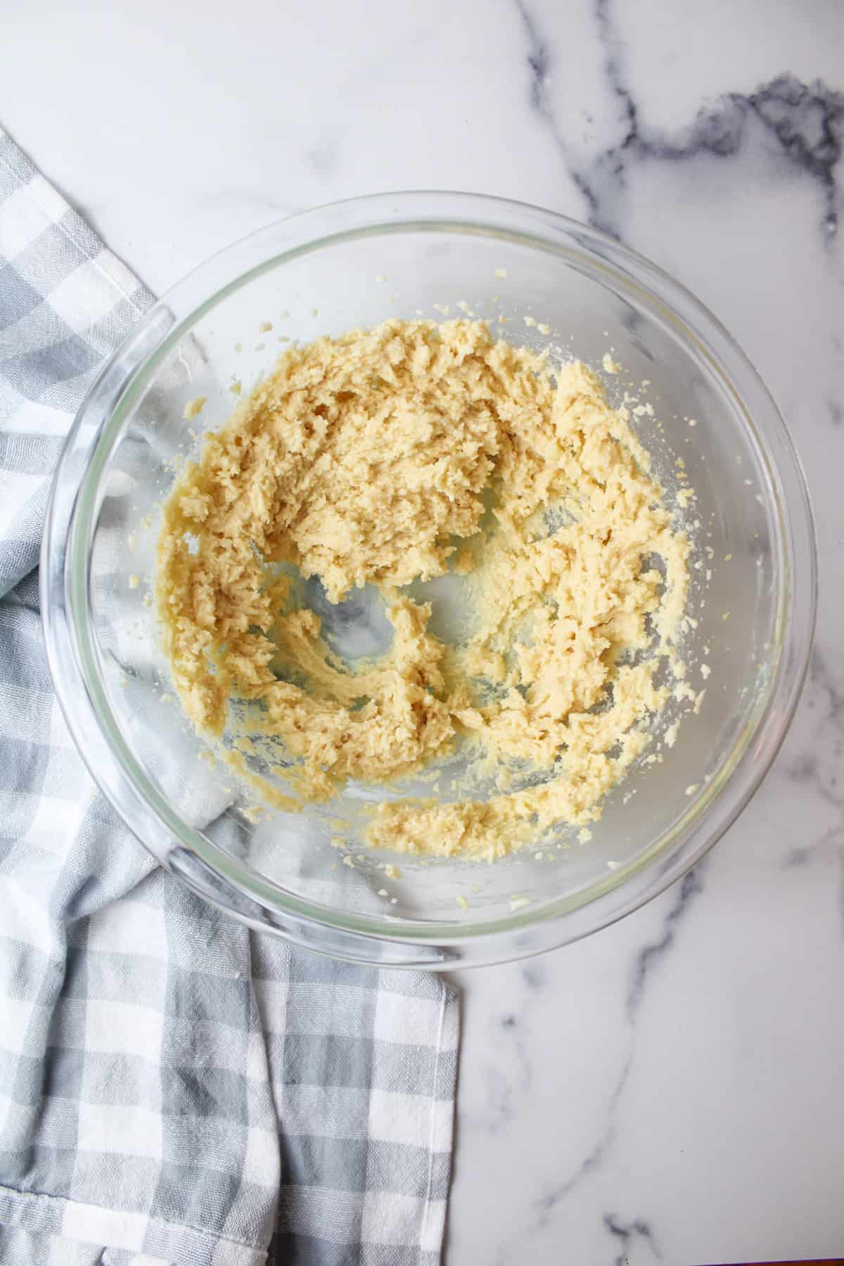 creamed butter and sugars in a mixing bowl