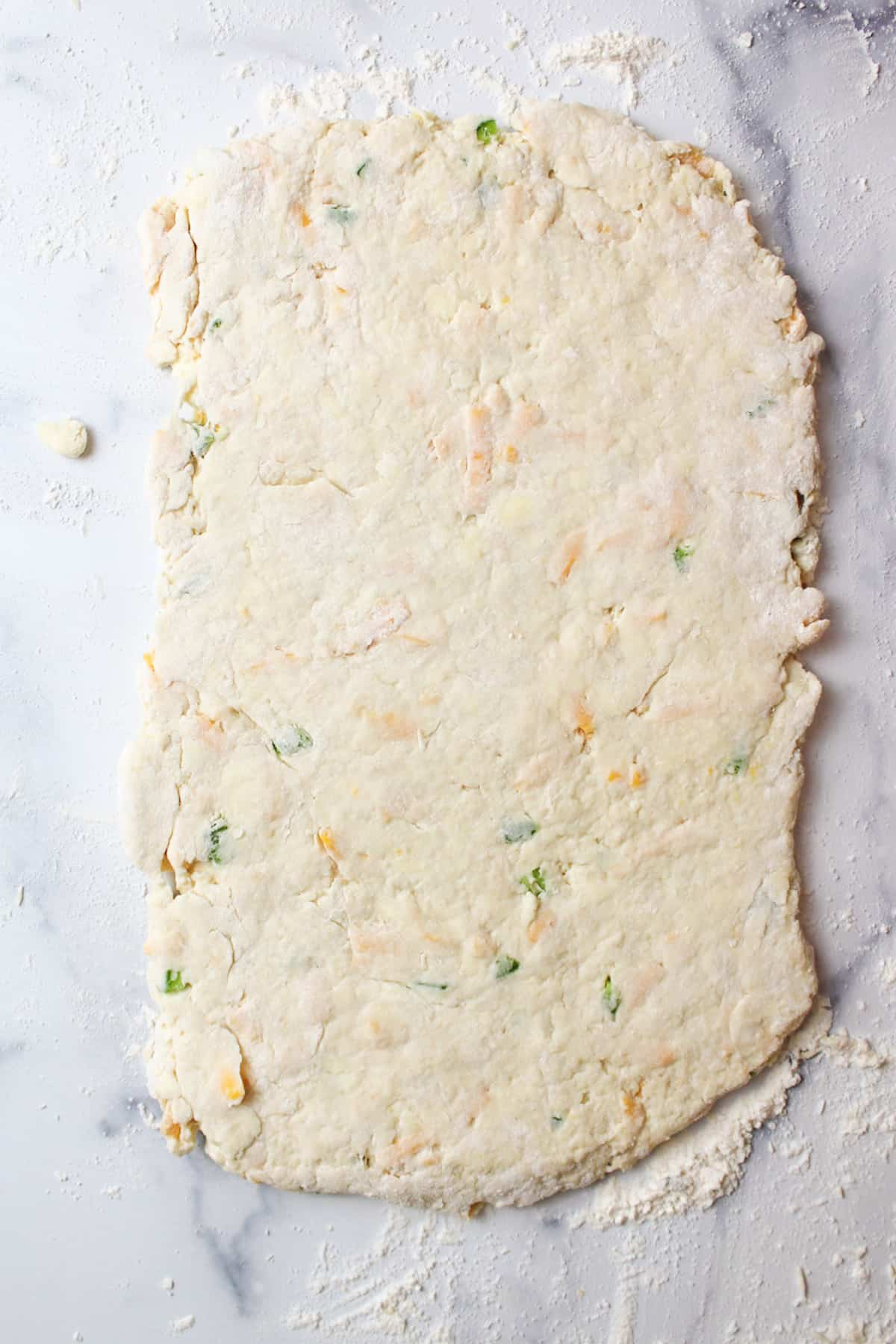 rolled rectangle of Jalapeno cheddar biscuit dough