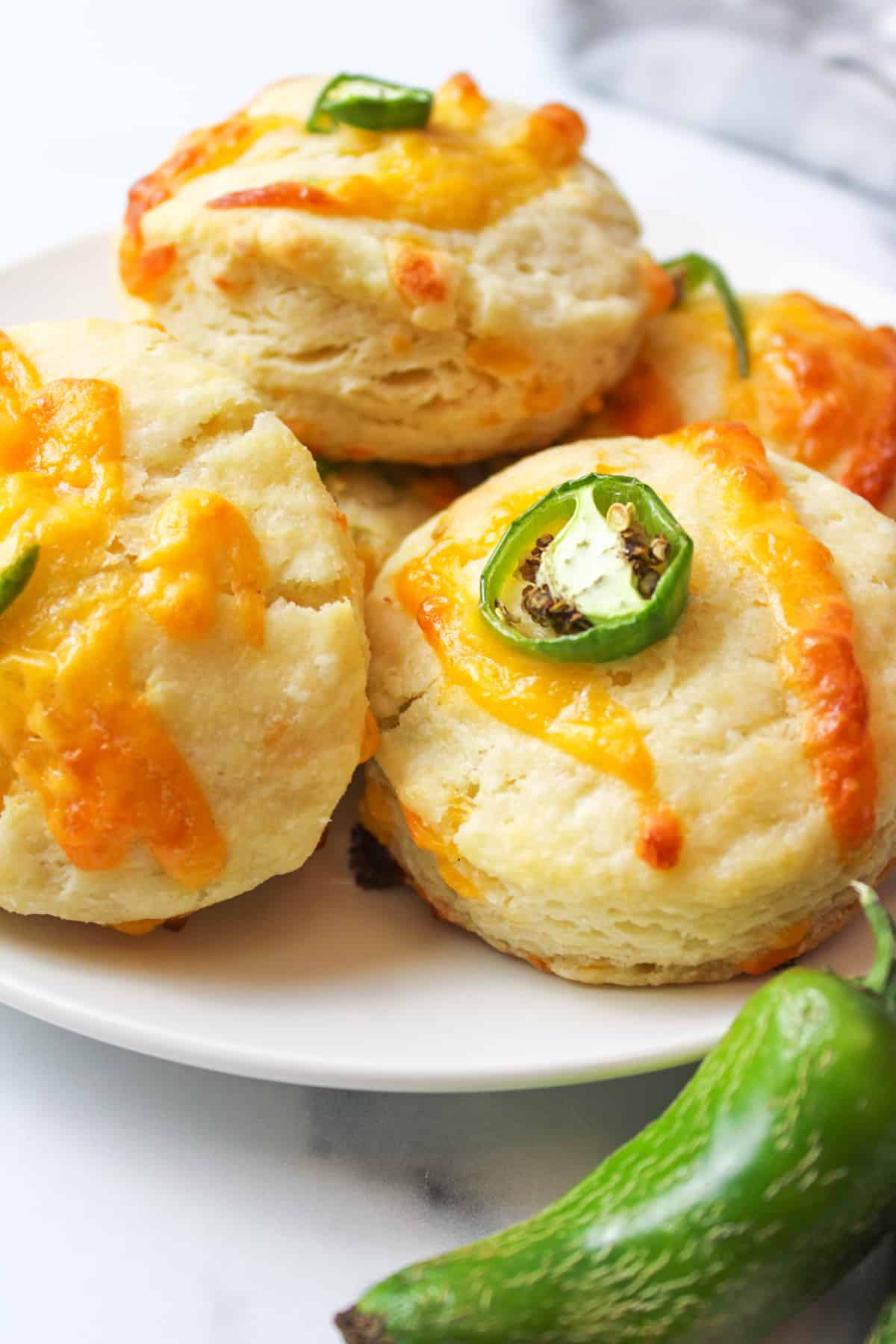 Jalapeno cheddar biscuits on a plate next to a fresh jalapeno.