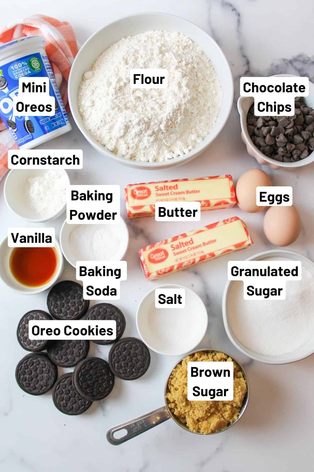 ingredients needed to make oreo chocolate chip cookies.