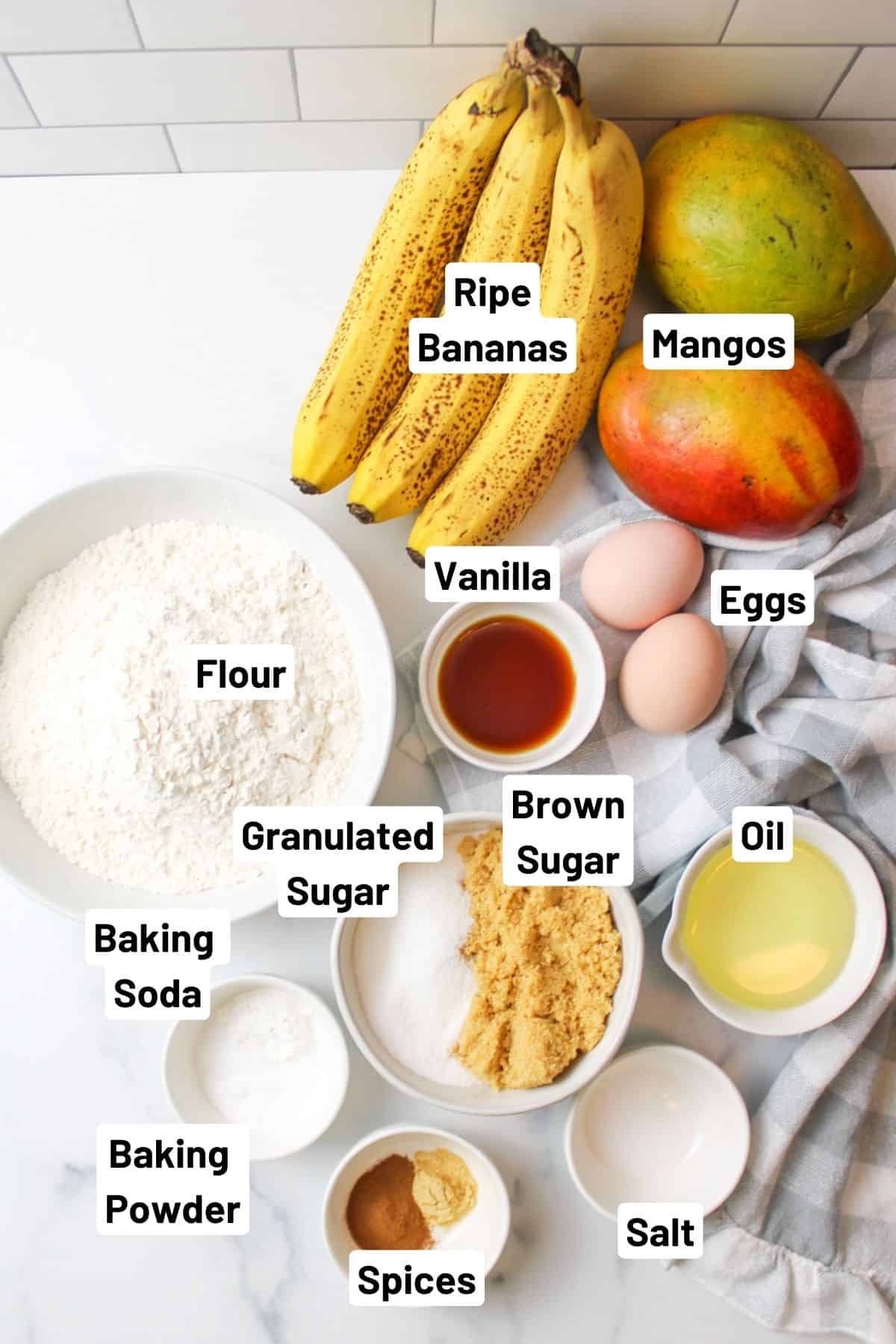 ingredients needed to make mango banana bread.