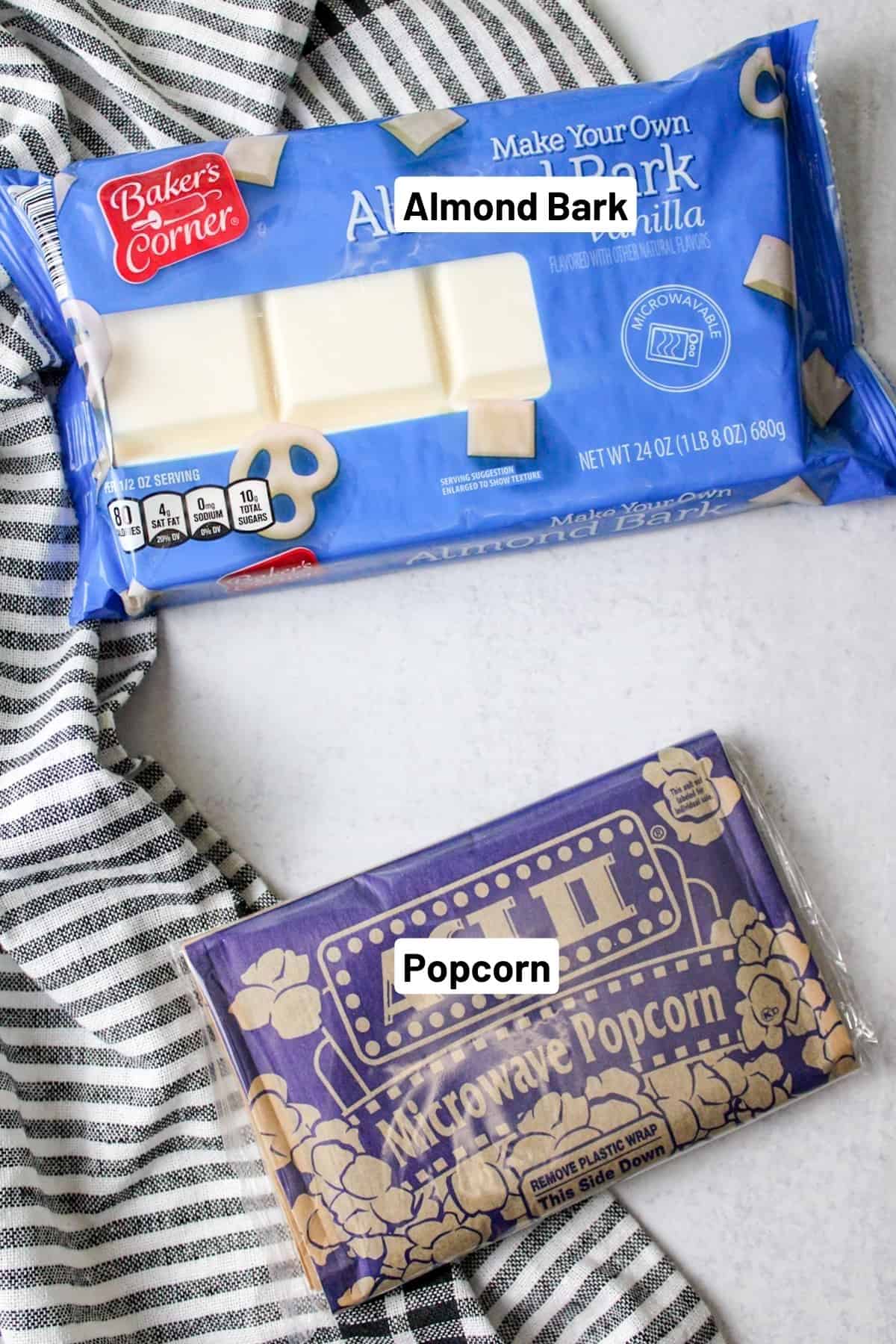 a package of almond bark and popcorn.