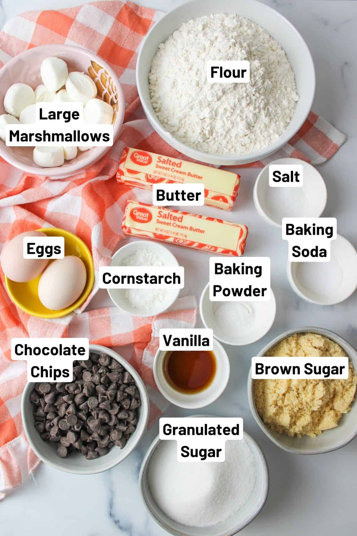 the ingredients needed to make Chocolate chip marshmallow cookies