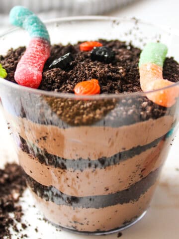 a close up of worms and dirt in a cup
