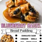promotional graphic for blueberry bagel bread pudding