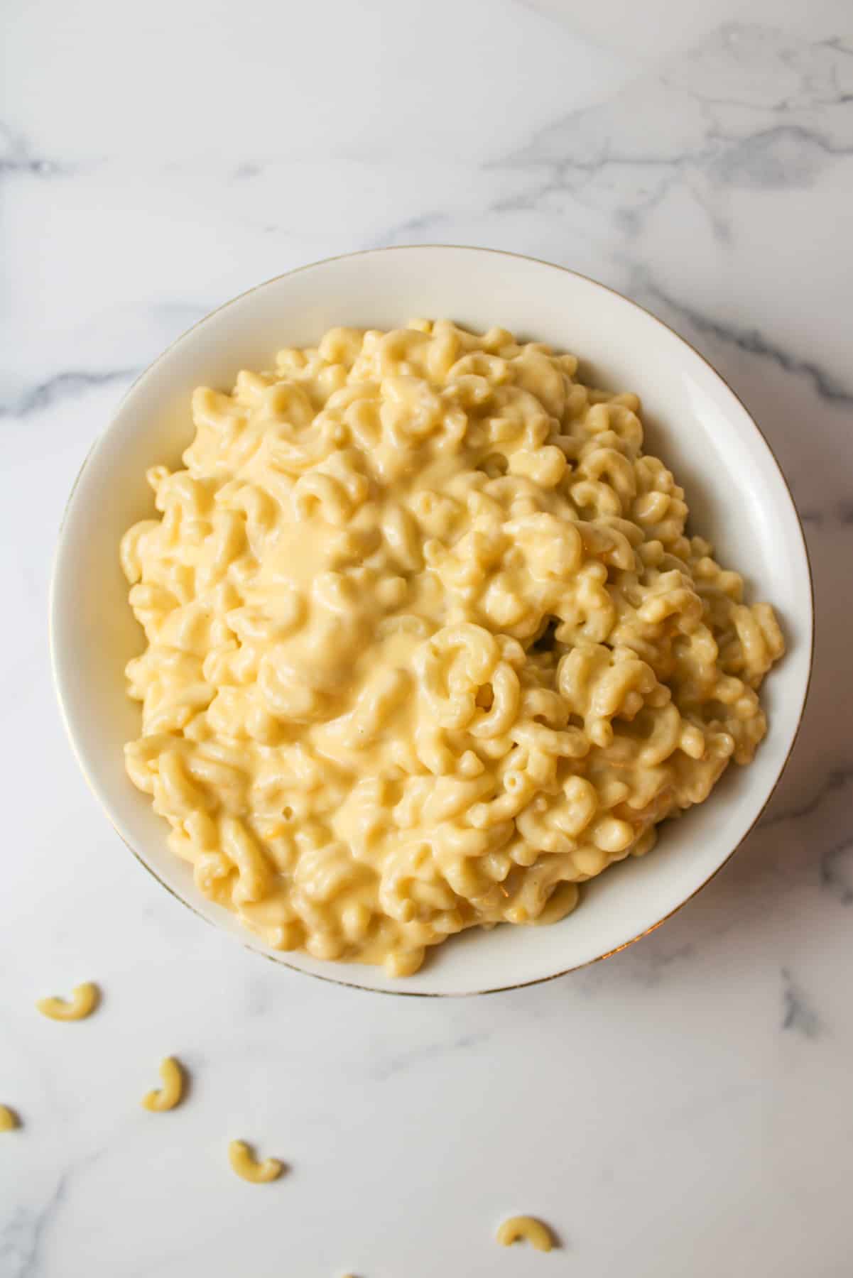 aerial view of a bowl filled with 5 ingredient mac and cheese