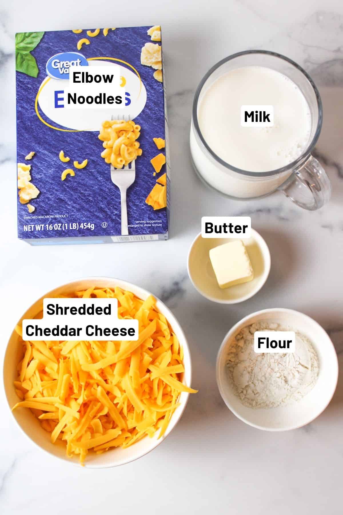 labeled photo of ingredients needed to make 5 ingredient mac and cheese.