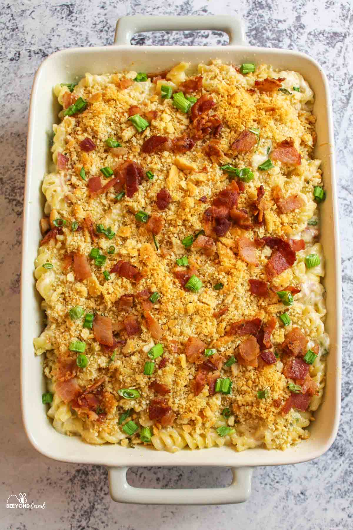 baked Bacon Cream Cheese Pasta in a 9x13 baking dish