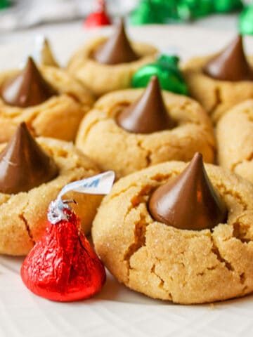 peanut butter blossoms with wrapped colorful hershey kisses.