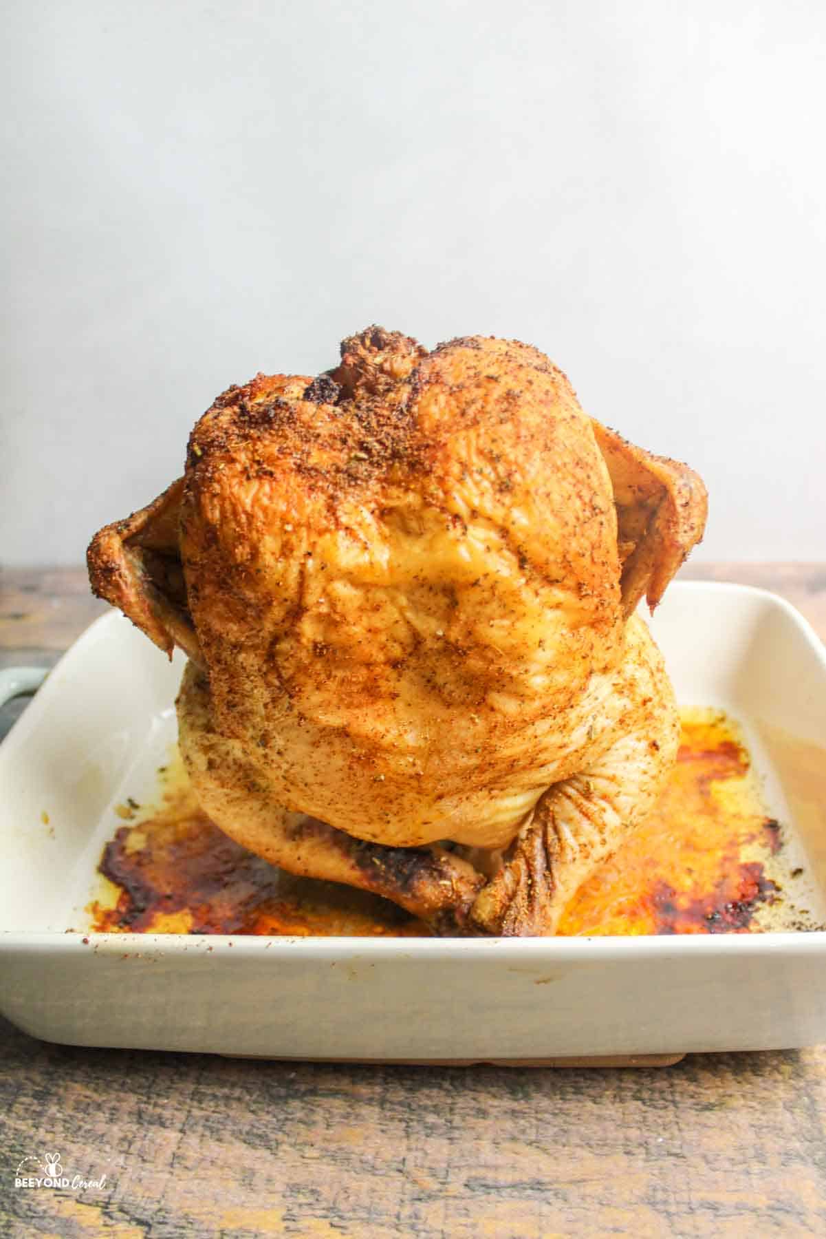 baked beer can chicken sitting upright in a baking dish.