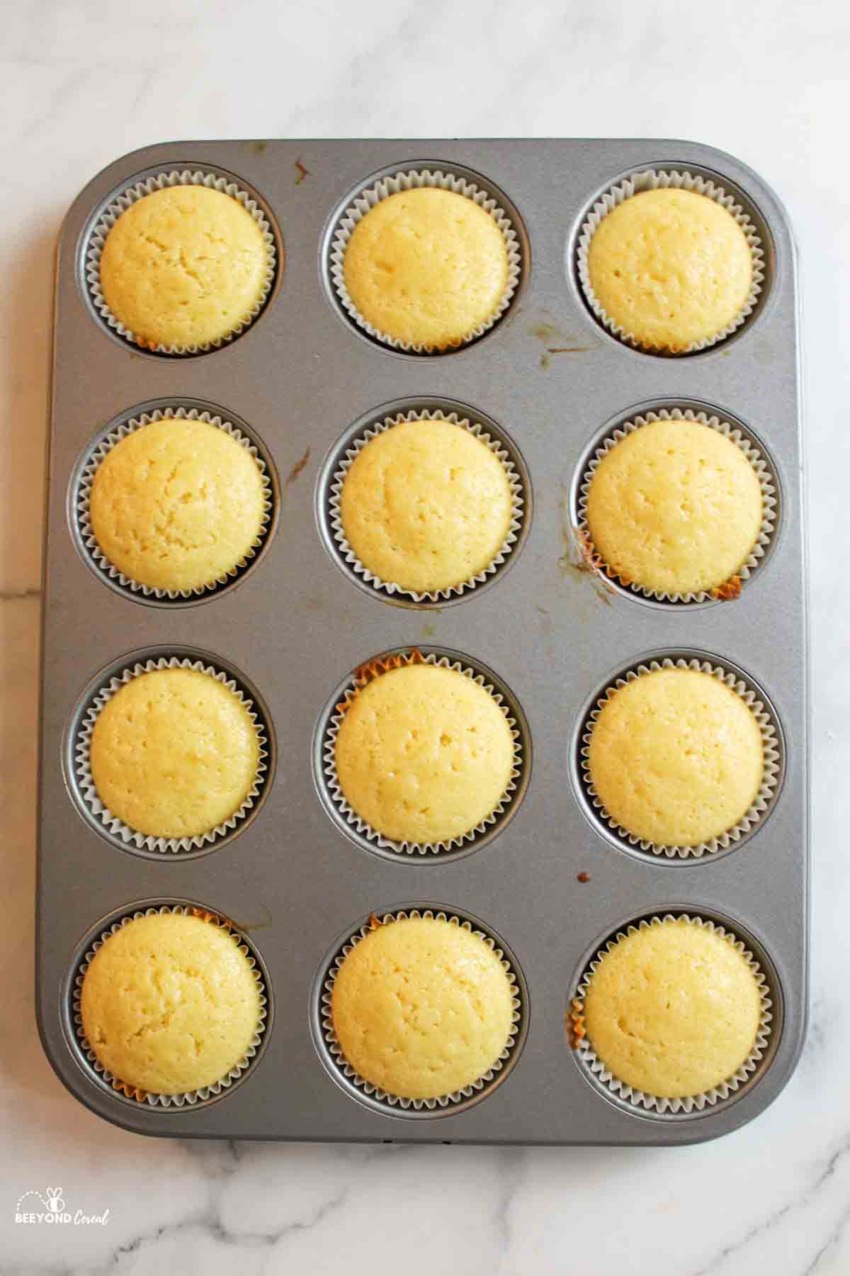 baked honey flavored cupcakes in muffin pan.