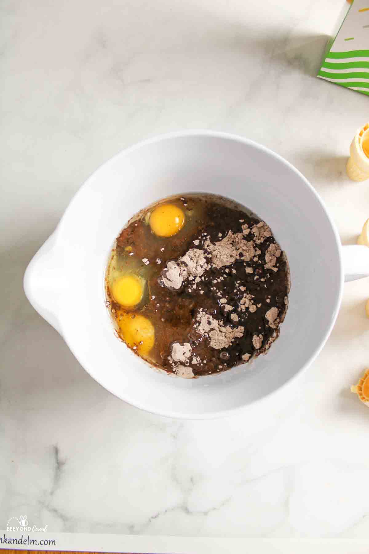 brownie batter ingredients in a mixing bowl.