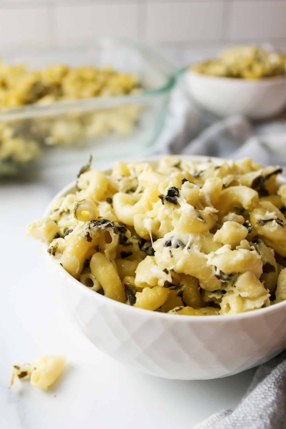 a bowl of spinach artichoke mac and cheese with more in a pan and owl in background