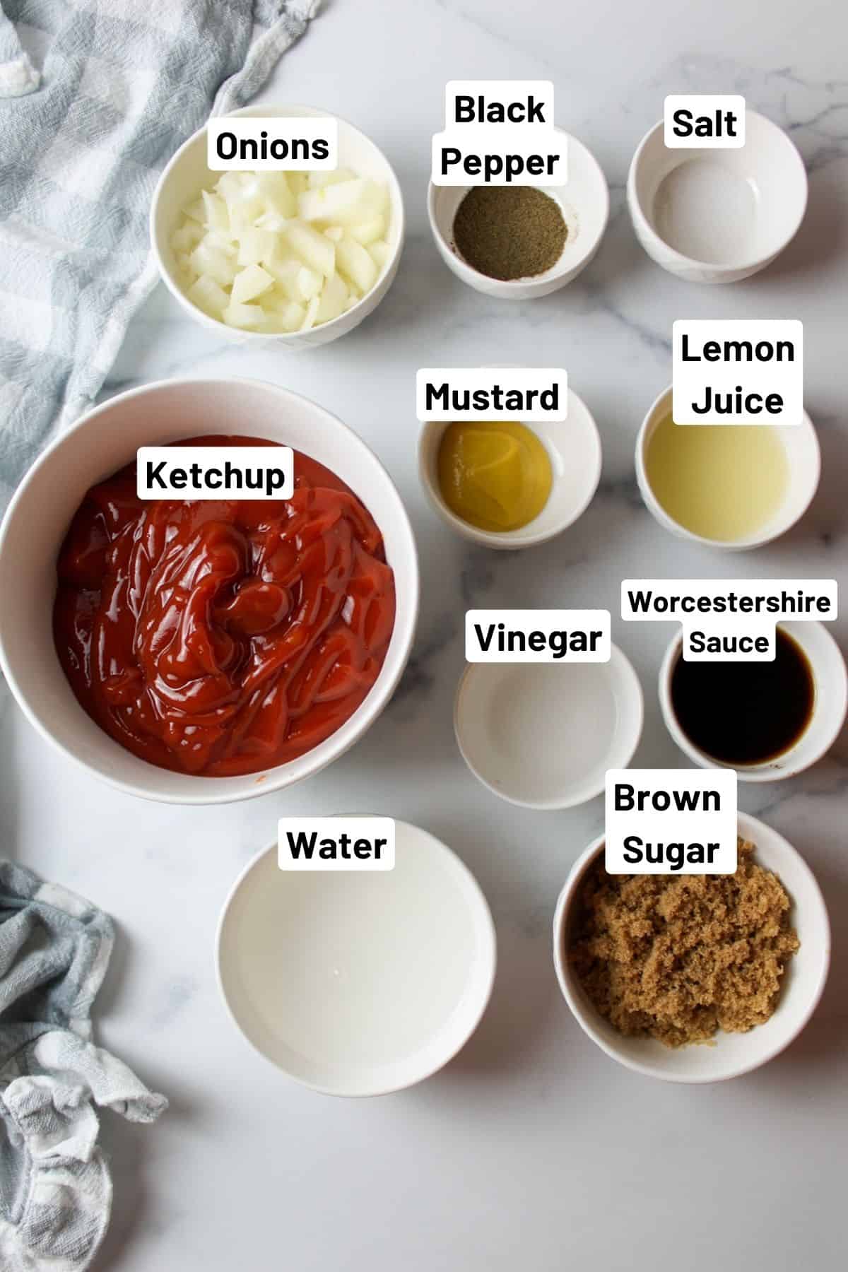 labeled ingredients needed to make barbecue sauce.