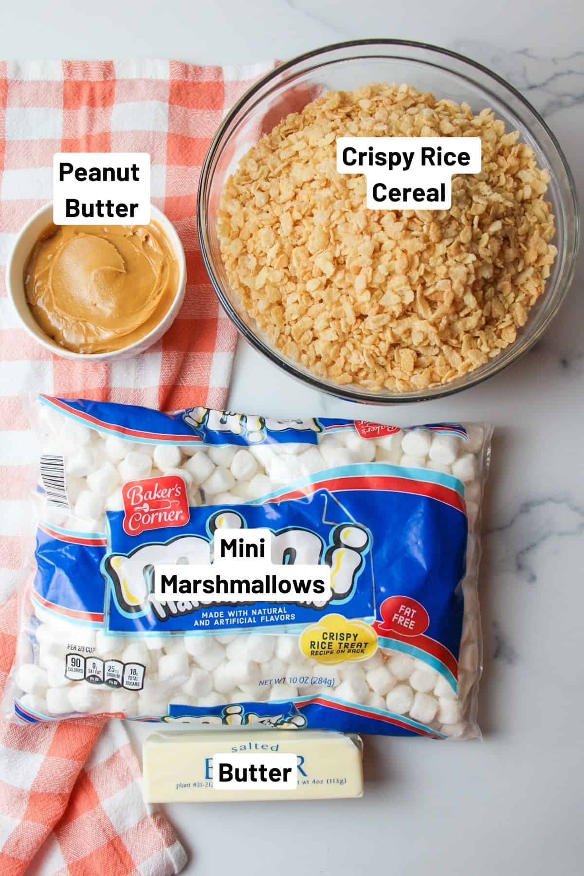 labeled ingredients needed to make peanut butter rice krispie treats
