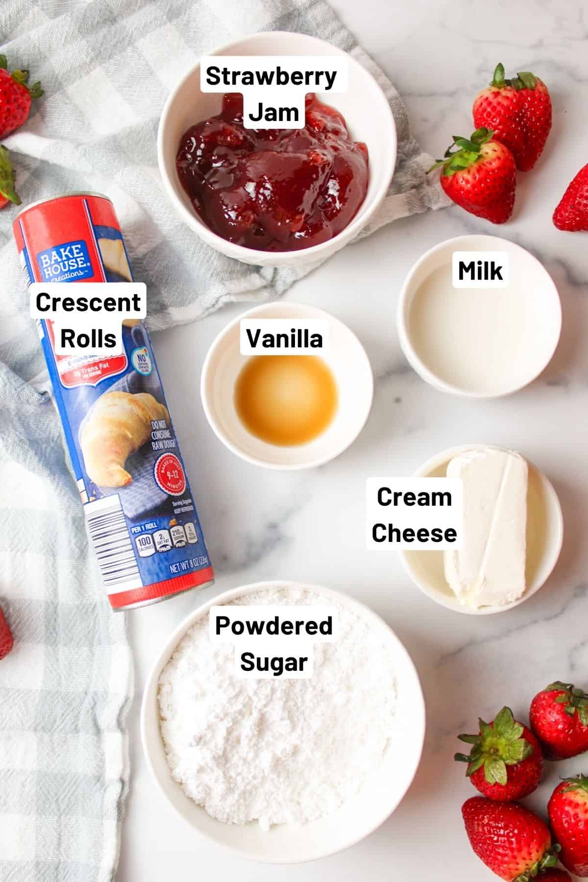 labeled ingredients needed to make strawberry cream cheese crescent rolls