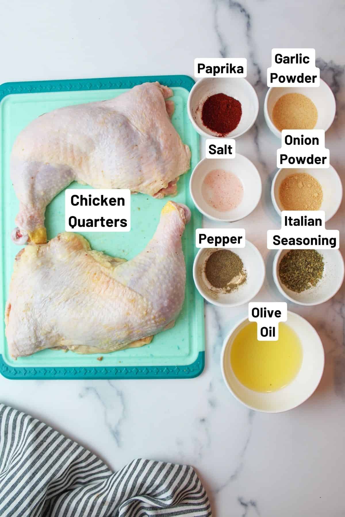 labeled ingredients needed to make air fryer chicken quarters.