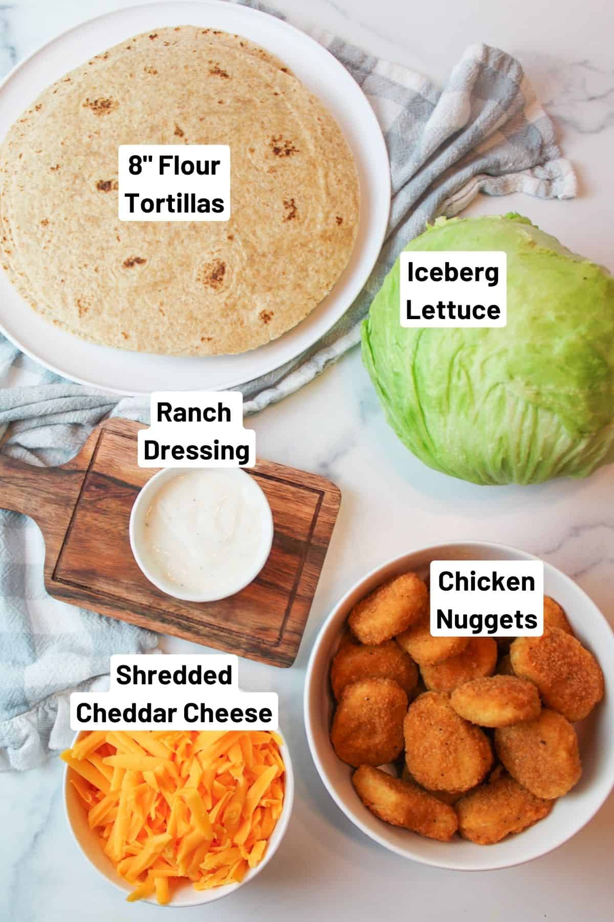 labeled ingredients needed to make chicken nugget wraps.