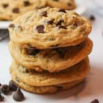 a stack of eggless chocolate chip cookies.