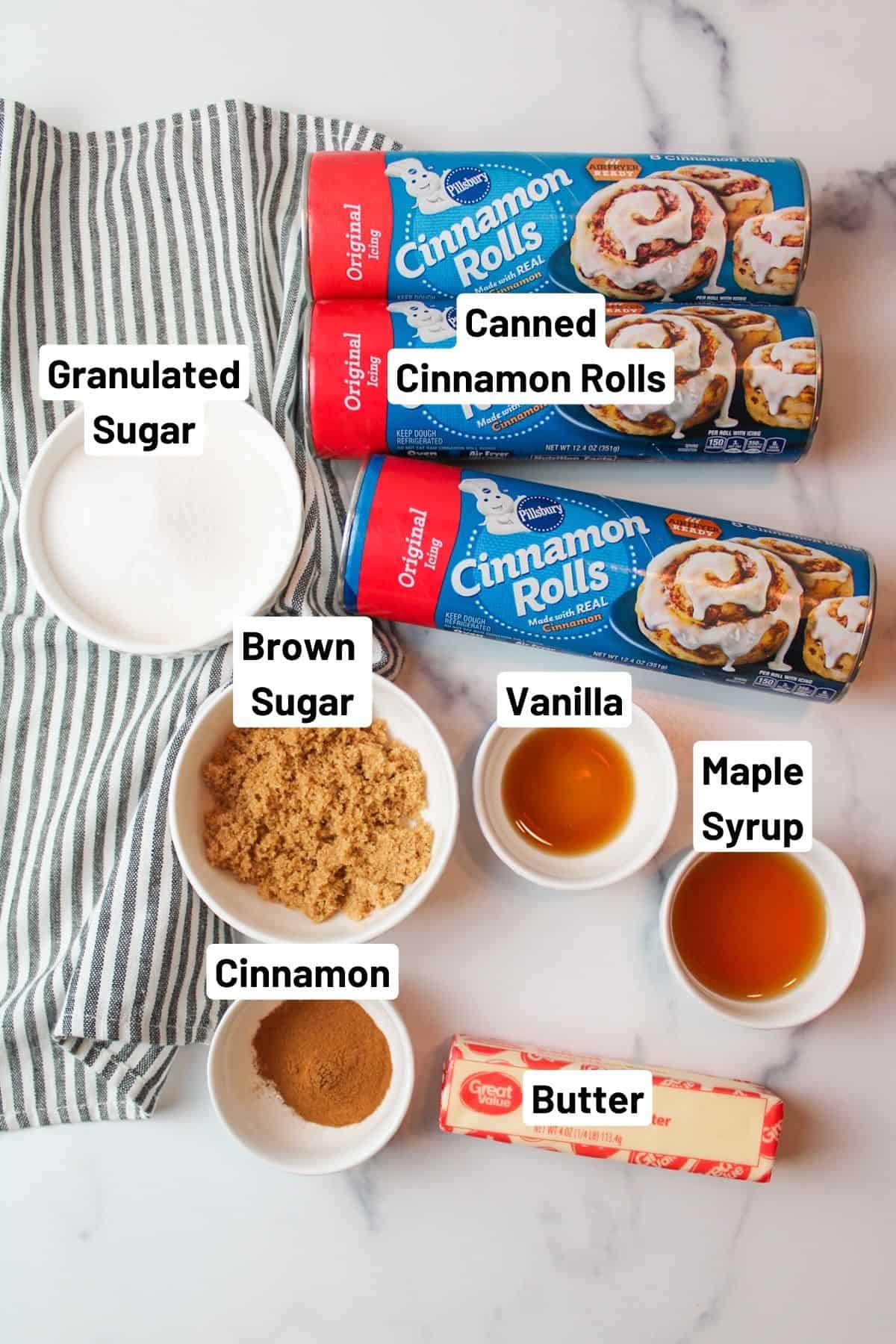 labeled ingredients needed to make cinnamon roll monkey bread