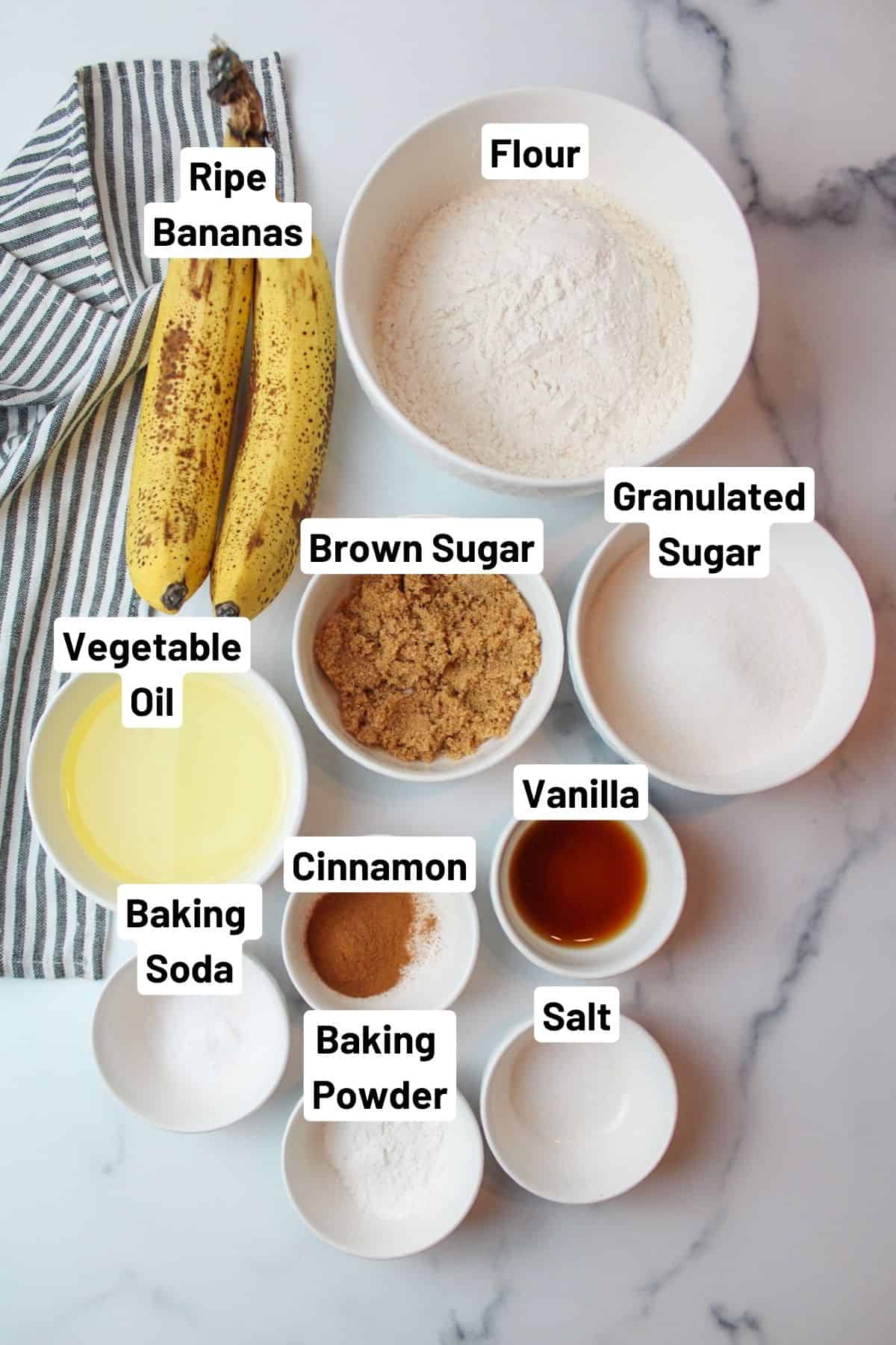 labeled ingredients needed to make eggless banana bread.