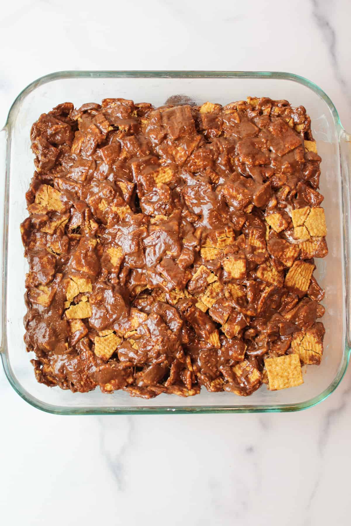 chocolate marshmallow cereal in a 8x8 baking dish