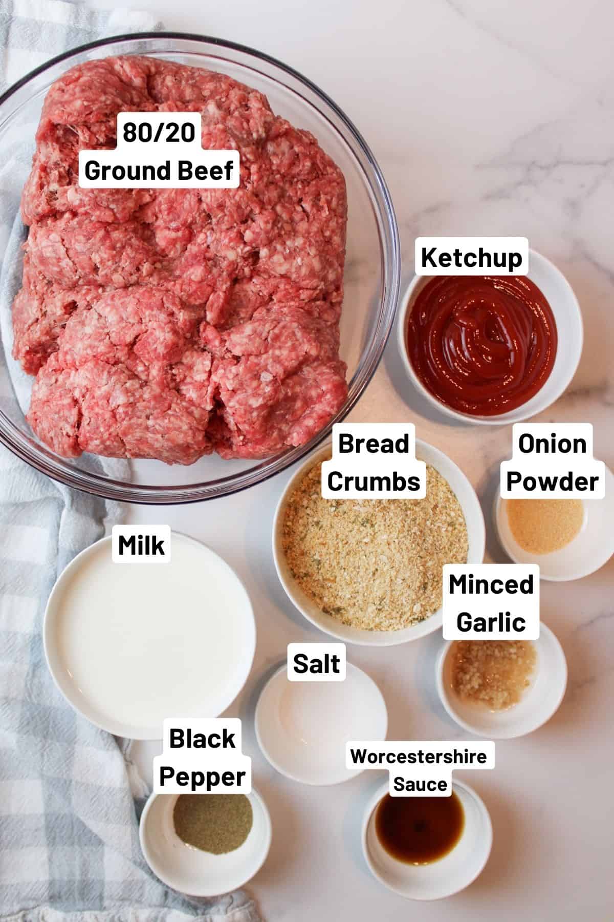 labeled ingredients needed to make meatloaf without eggs.
