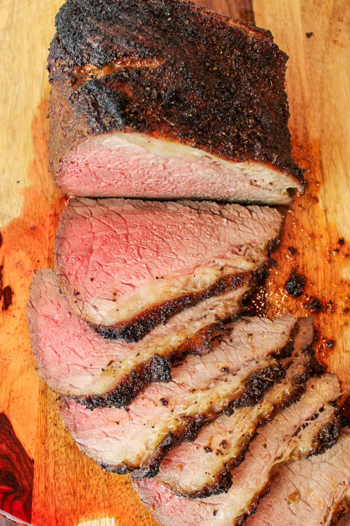 Close aerial shot of sliced beef roast to look like prime rib