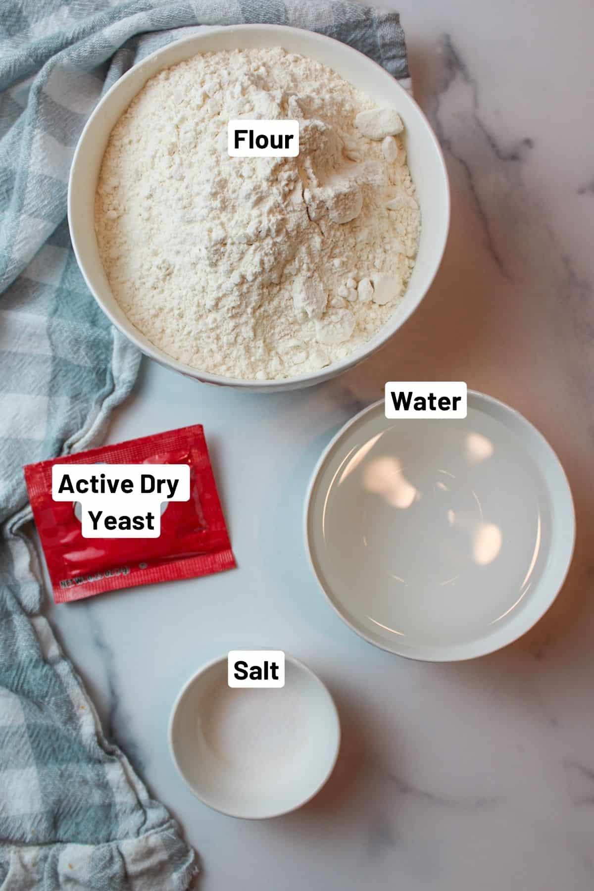 labeled ingredients needed to make no knead white bread