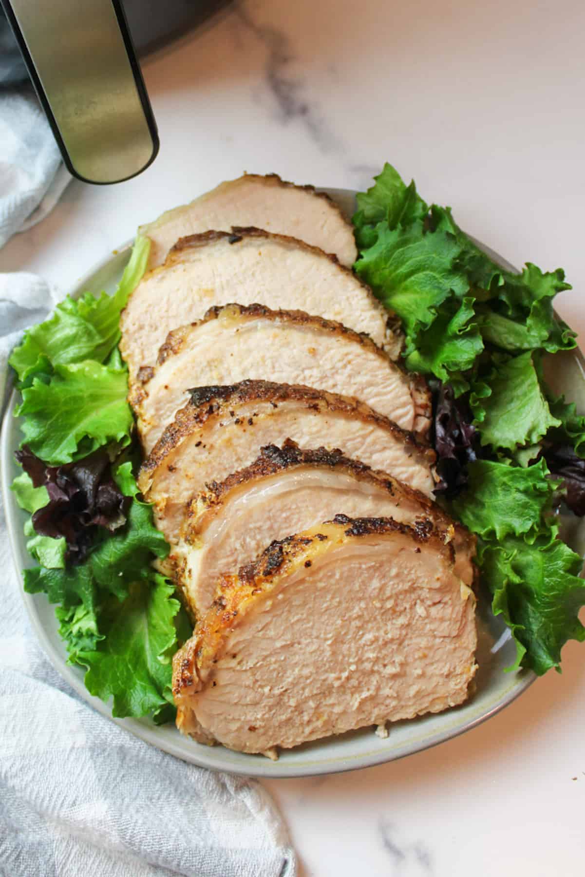 sliced pork loin on a plate with green leaf lettuce on the sides and an air fryer in background