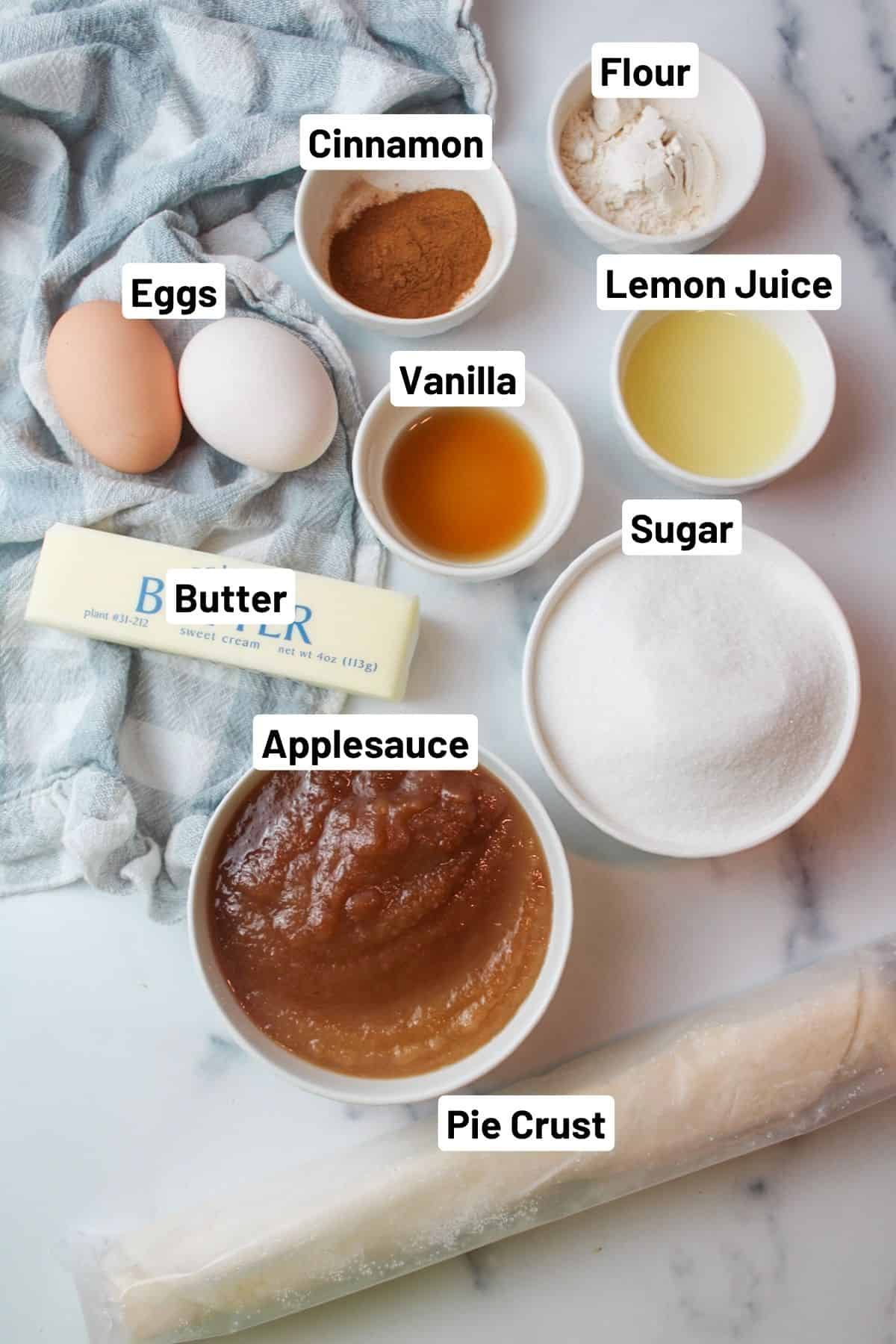 labeled ingredients needed to make applesauce custard pie