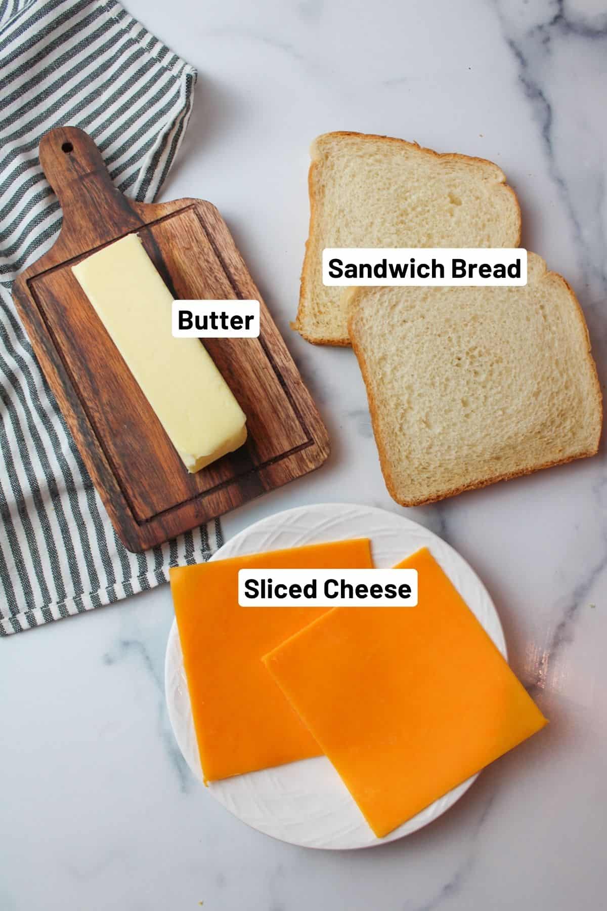 labeled ingredients needed to make microwave grilled cheese.