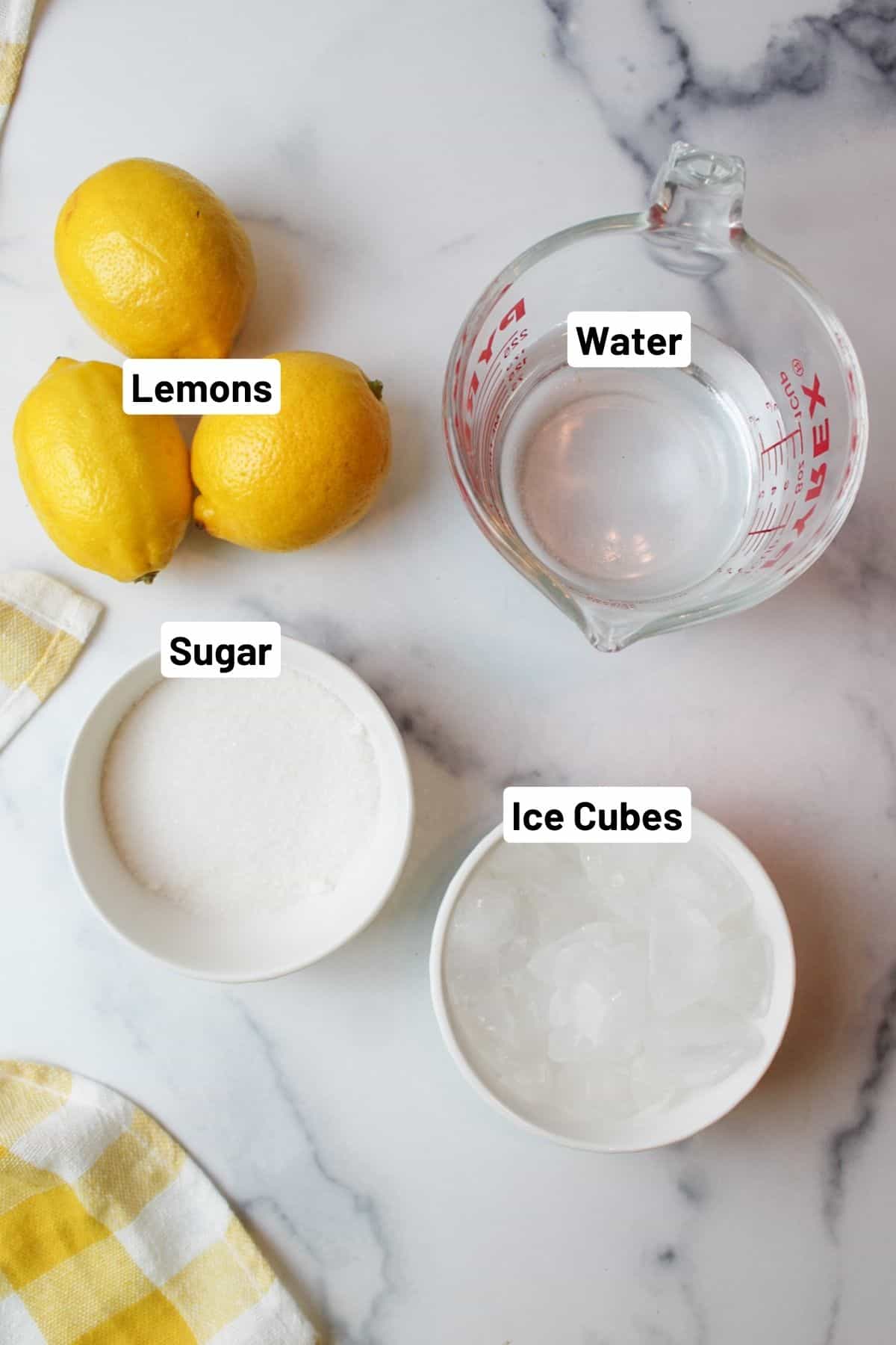 labeled ingredients needed to make single serving lemonade.