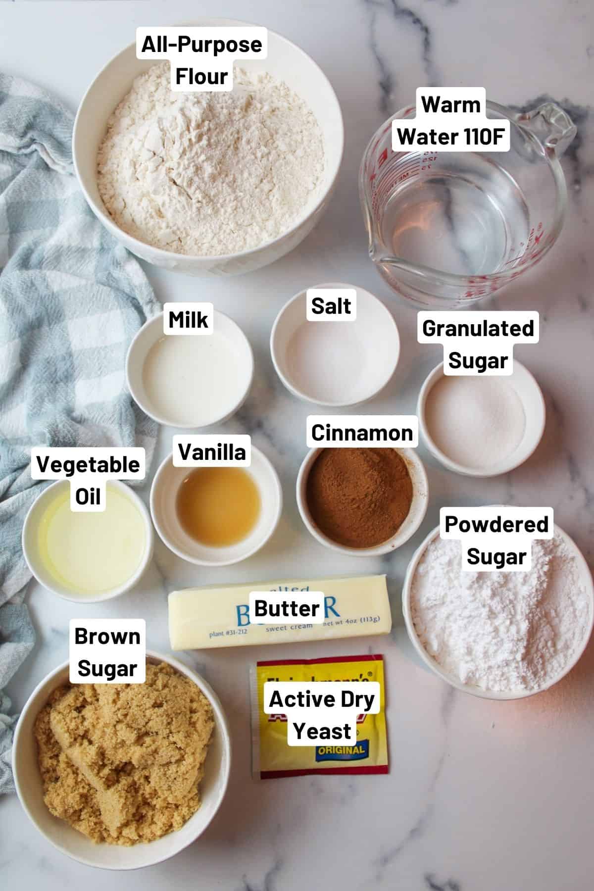 labeled ingredients needed to make small batch cinnamon rolls.