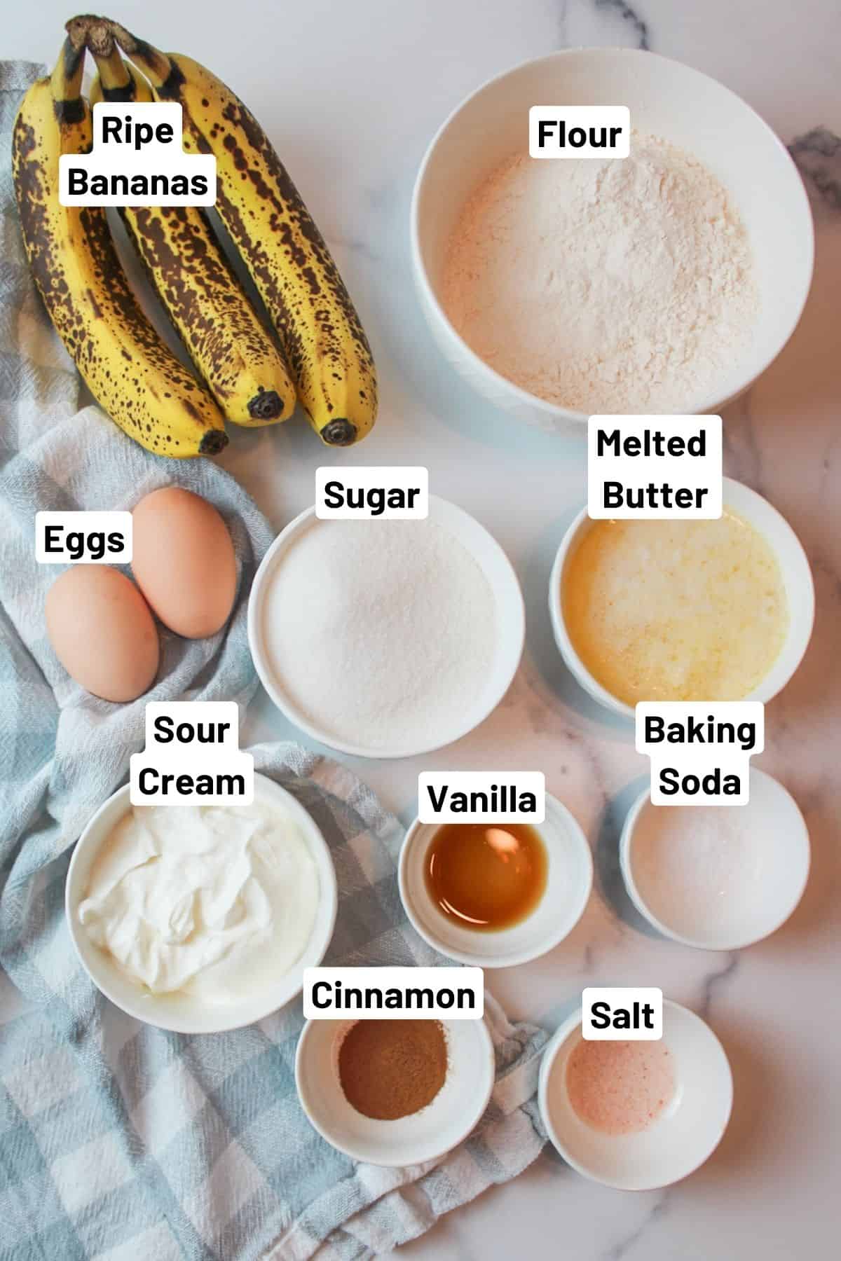 labeled ingredients needed to make sour cream banana bread