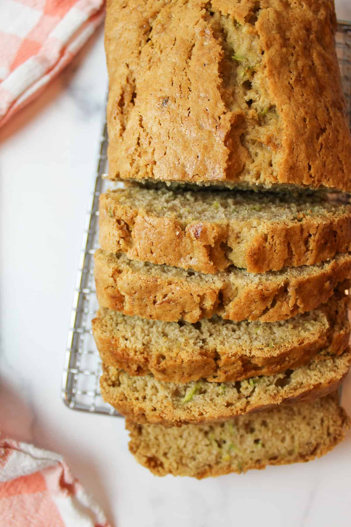 aerial view of sliced zucchini bread