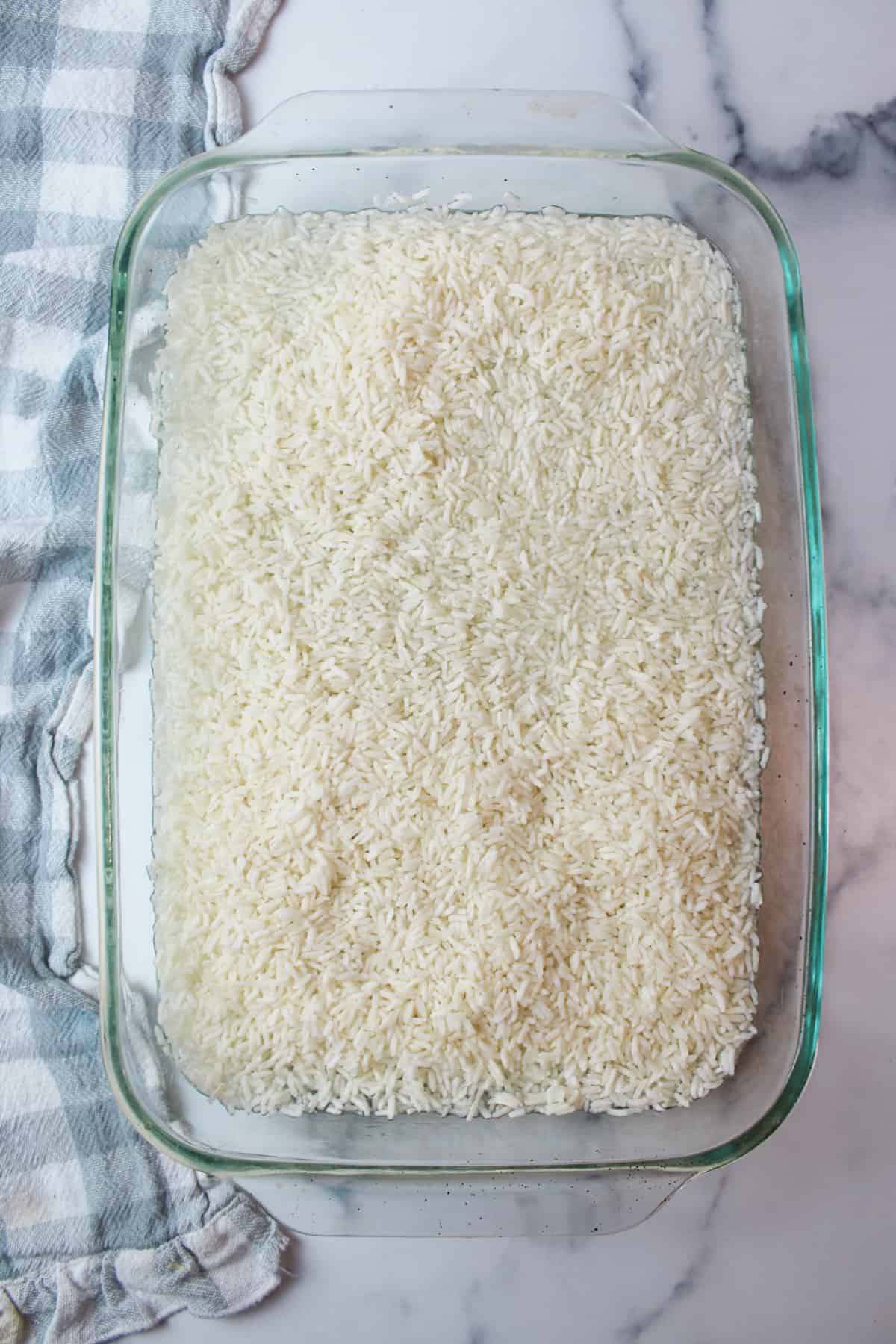 aerial view of glass baking dish with white rice inside